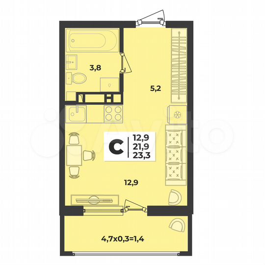 Квартира-студия, 23,3 м², 2/9 эт.
