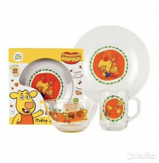 Набор детской посуды стеклянный оранжевая корова