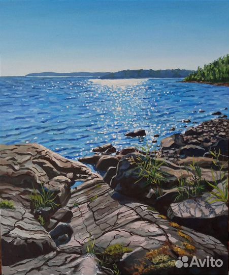 Картина маслом, пейзаж с озером