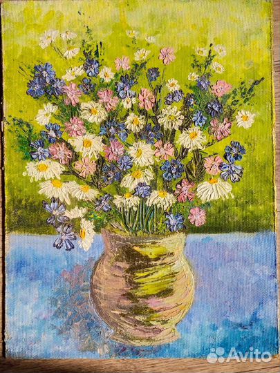 Картина маслом натюрморт ромашки в вазе