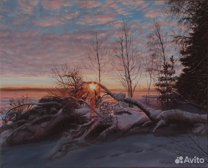 Картина зимний пейзаж закат 40х50