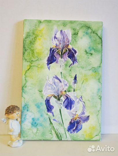 Ирисы в саду. Акварельная картина