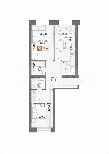 2-к. квартира, 65 м², 5/5 эт.
