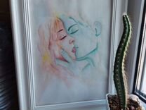 Картина "Влюбленные",акварель, карандаш, в раме