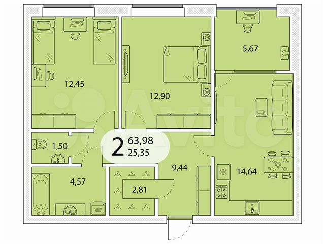 2-к. квартира, 64 м², 2/5 эт.