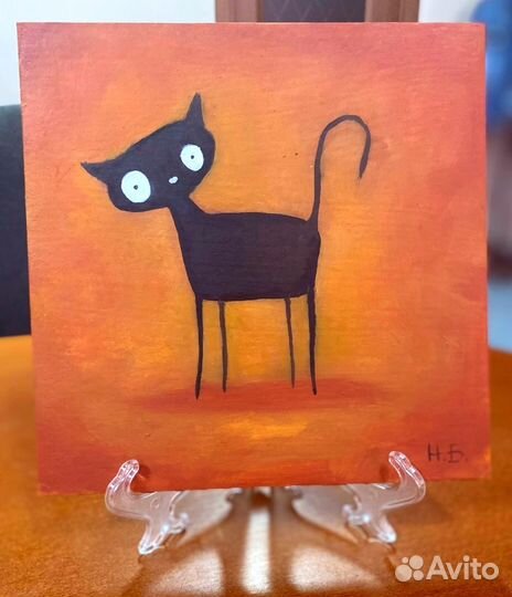 Картина маслом кот с добрыми глазами 20х20 с подст