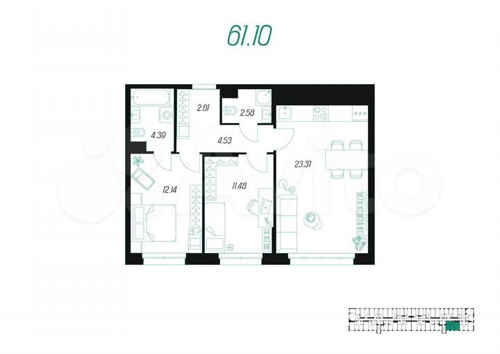 2-к. квартира, 61,1 м², 9/10 эт.