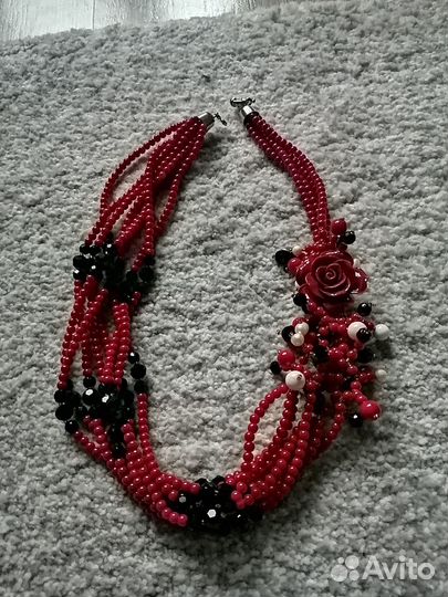 Бусы/колье Коралл, Черный Оникс, Жадеит