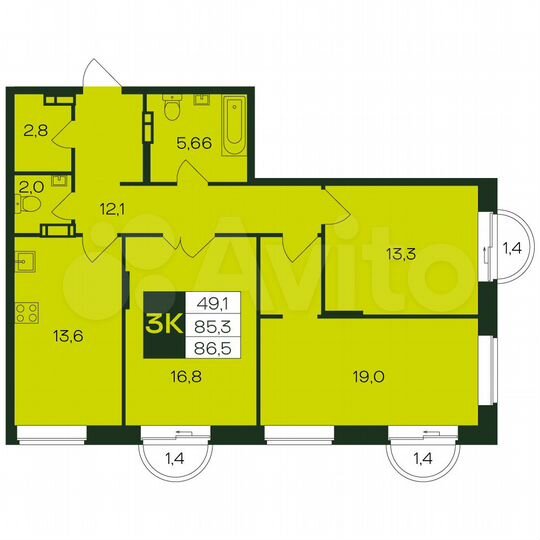 3-к. квартира, 86,5 м², 5/12 эт.