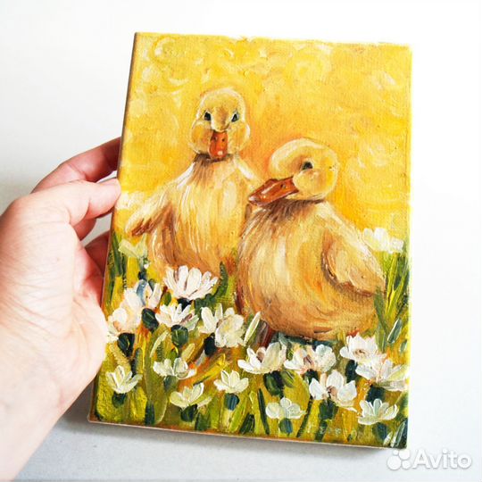 Картина маслом утята на холсте 15х20 см