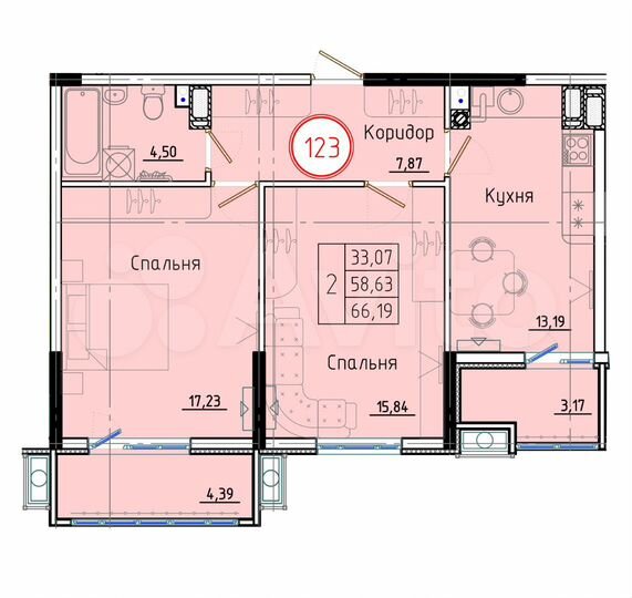2-к. квартира, 66,2 м², 2/8 эт.