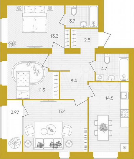 3-к. квартира, 80,1 м², 7/10 эт.