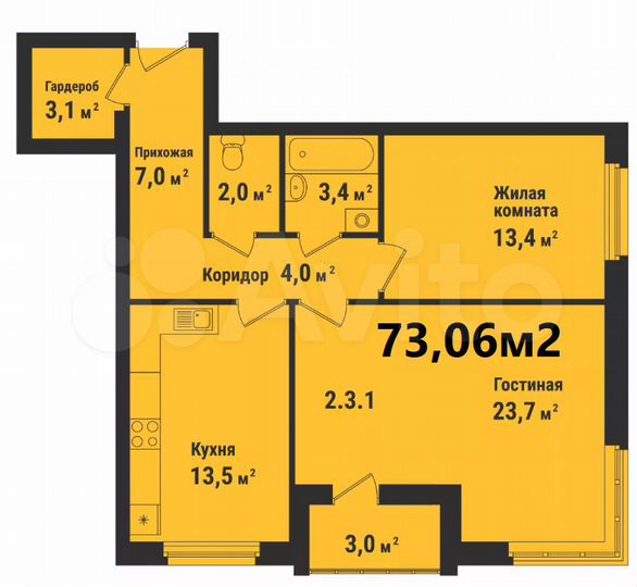 2-к. квартира, 73,1 м², 6/17 эт.