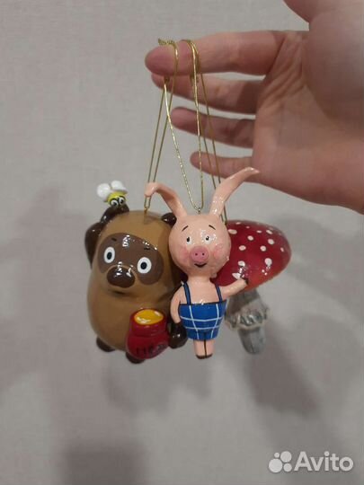 Ёлочные игрушки папье-маше Винни, Пятачок, Мухомор