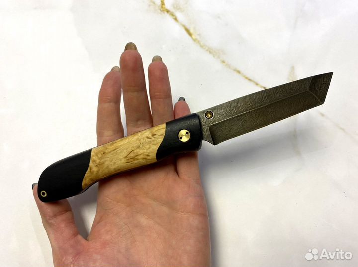 Складной нож Кунашир, дамасская сталь, карельская