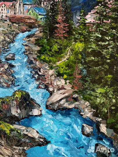 Картина Домбай горная река пейзаж Кавказа 40*50 см