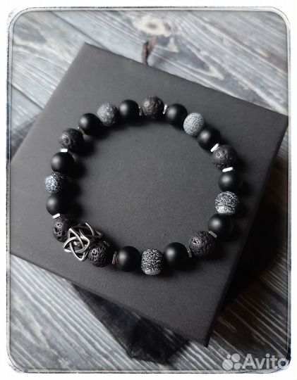 Браслет мужской агат кракле, вулканит