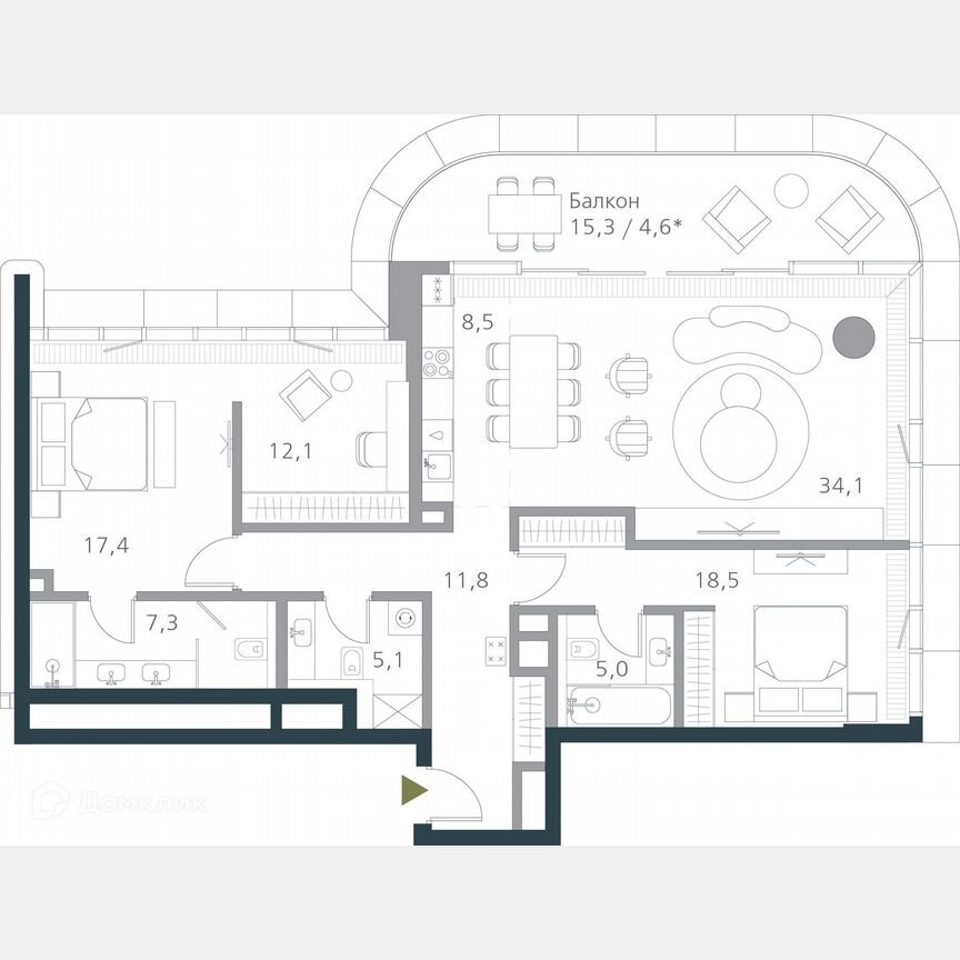 2-к. квартира, 124,4 м², 8/19 эт.