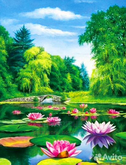 Алмазная мозаика 40x50 Река с цветущими лотосами