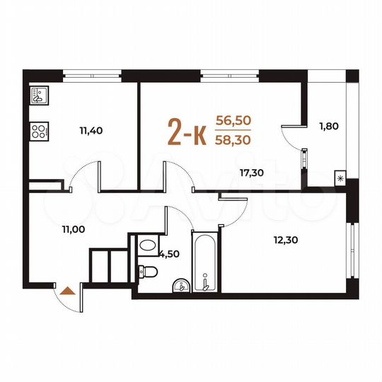 2-к. квартира, 58,3 м², 6/8 эт.