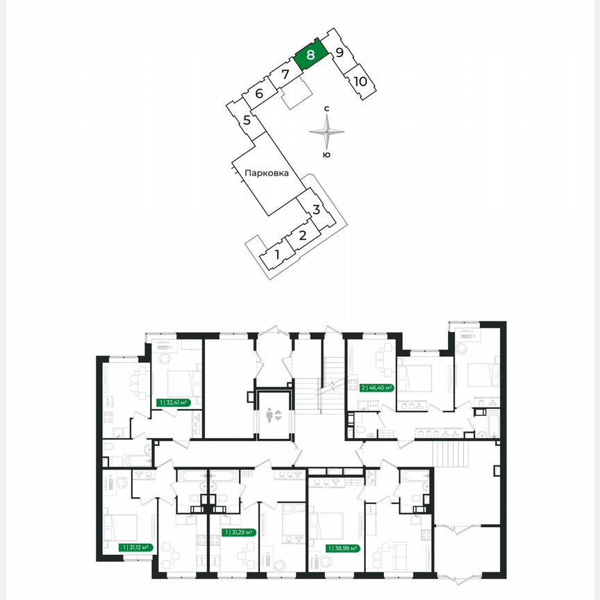 1-к. квартира, 31,1 м², 1/8 эт.