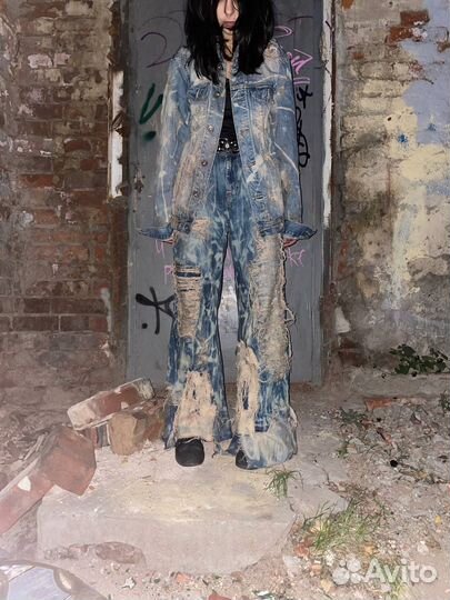 Distressed balenciaga type denim suit opium