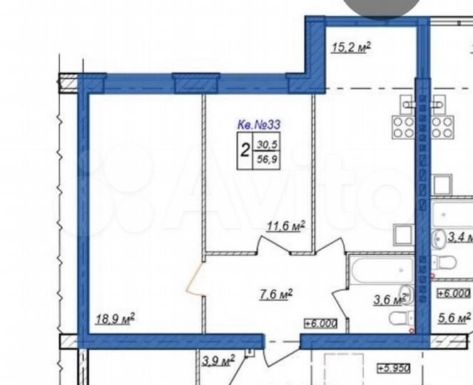 2-к. квартира, 56,6 м², 3/3 эт.