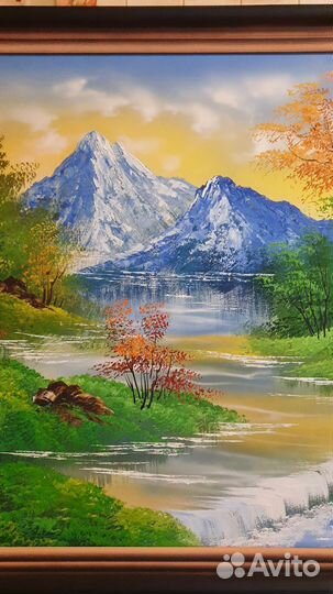 Картина горный пейзаж Эльбрус и горная река масло
