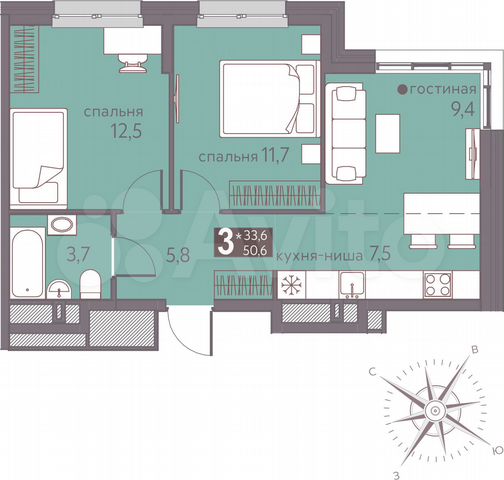 3-к. квартира, 50,6 м², 2/16 эт.