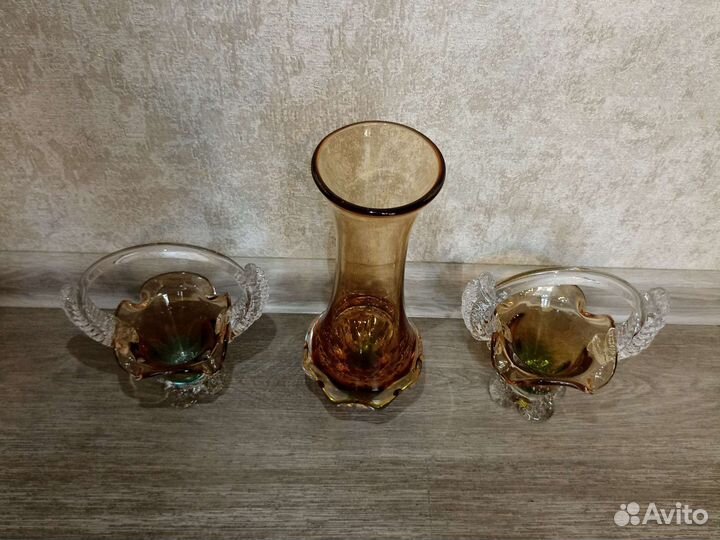 Ваза корзиночка цветное стекло СССР хрусталь