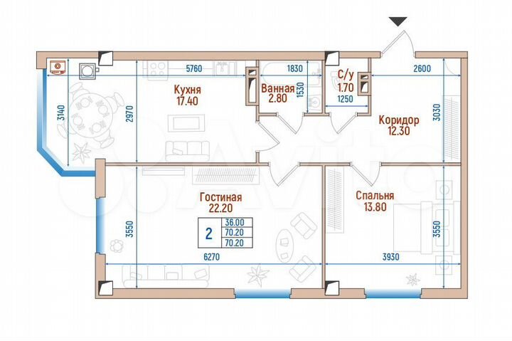 2-к. квартира, 70,2 м², 6/8 эт.