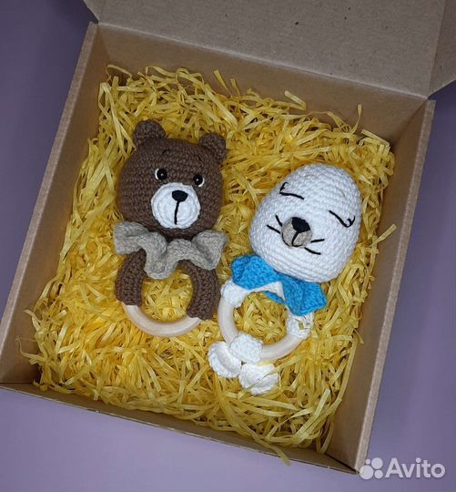 Вязаная Погремушка Мишка и Нерпенок Набор