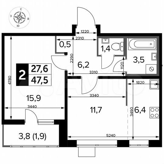 2-к. квартира, 47,5 м², 17/24 эт.