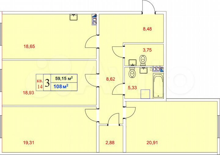 3-к. квартира, 108 м², 3/3 эт.
