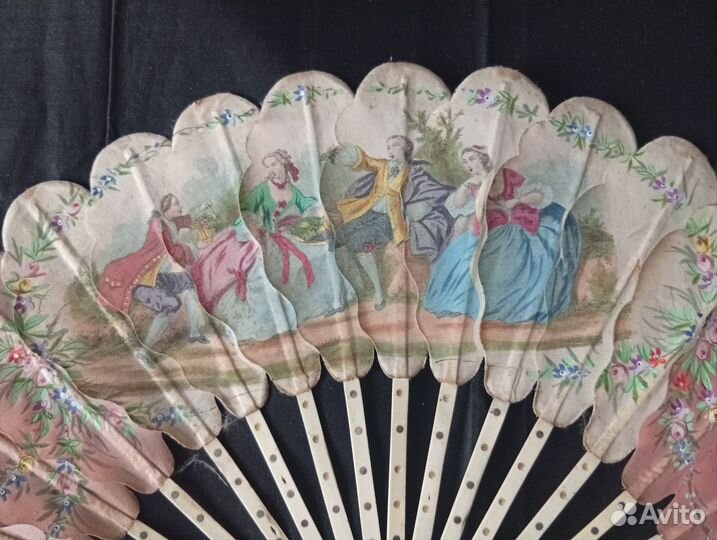 Веер, кость, шёлк, живопись, XIX-й век