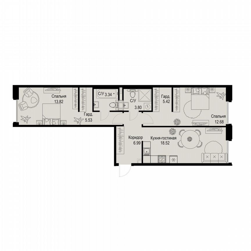 2-к. квартира, 70,1 м², 6/6 эт.