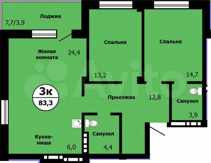3-к. квартира, 83,3 м², 15/19 эт.