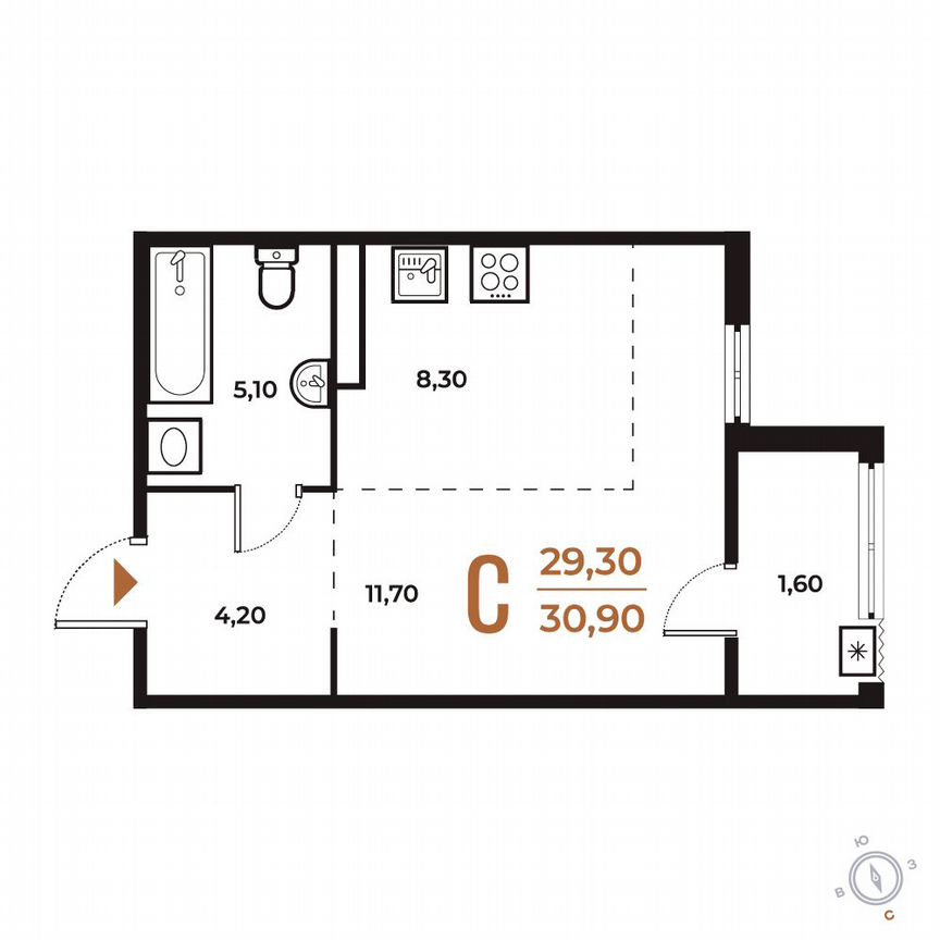 Квартира-студия, 30,9 м², 3/8 эт.