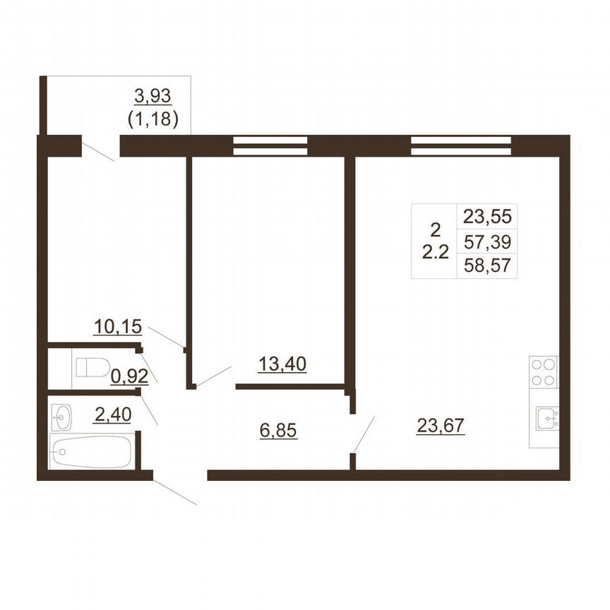 2-к. квартира, 58,6 м², 15/16 эт.