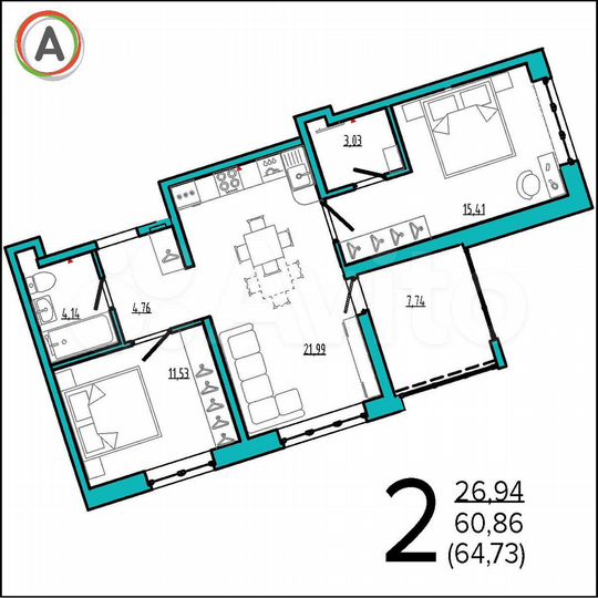 2-к. квартира, 64,7 м², 11/16 эт.