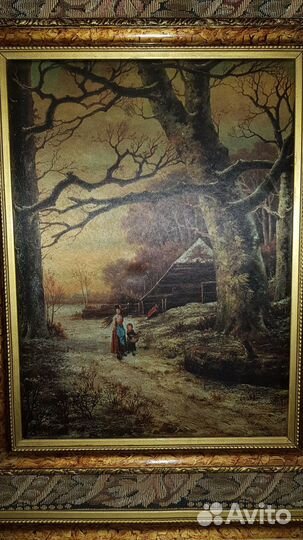 Картина шелкография СССР сельский пейзаж