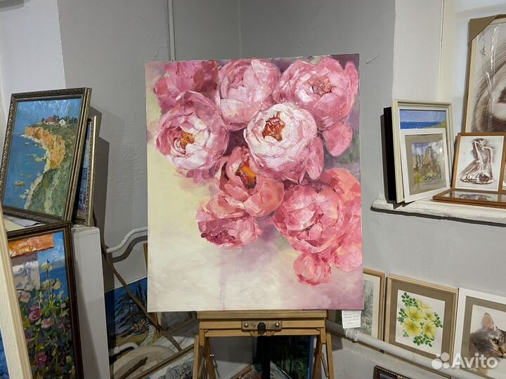 Картина маслом на холсте Нежные пионы 85 100