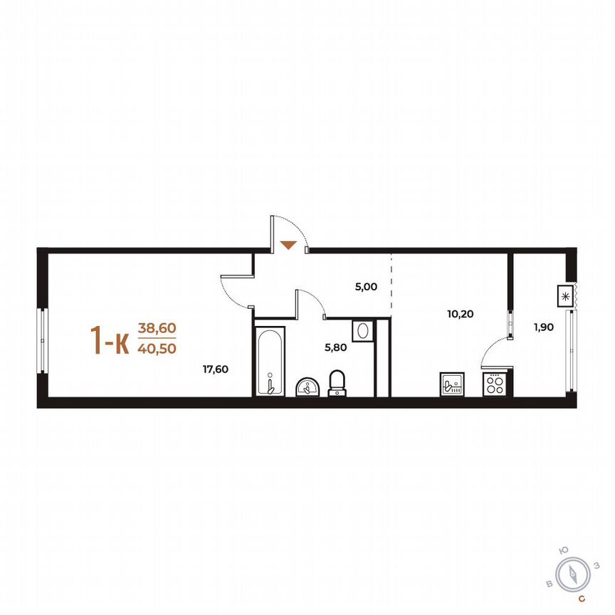 1-к. квартира, 40,5 м², 6/8 эт.