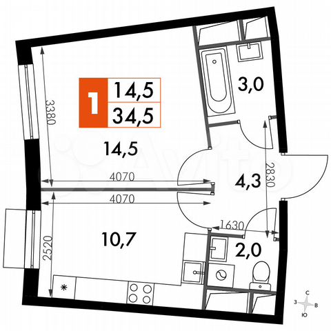 1-к. квартира, 34,5 м², 2/16 эт.