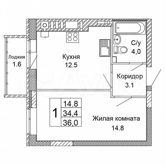 1-к. квартира, 36 м², 9/9 эт.