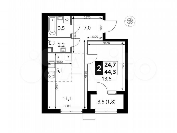 2-к. квартира, 44,3 м², 14/18 эт.