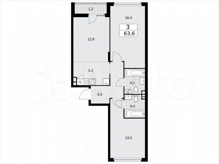 3-к. квартира, 63,6 м², 12/15 эт.