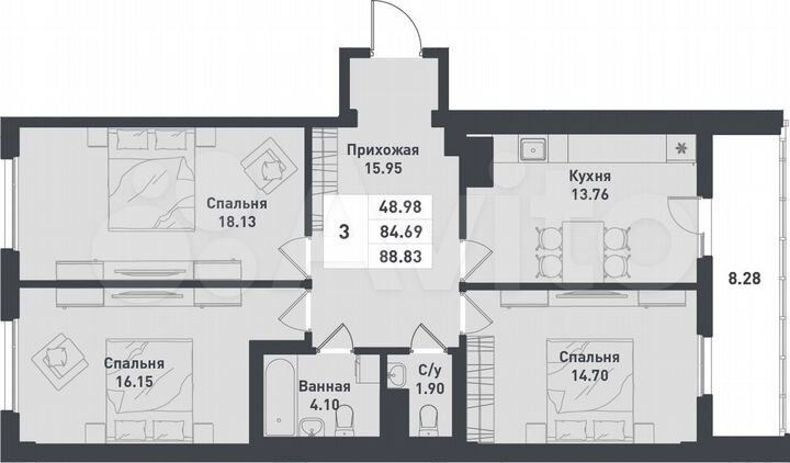 3-к. квартира, 88,8 м², 4/12 эт.