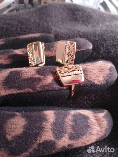 Серьги + кольцо позолоченные