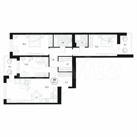 3-к. квартира, 101,1 м², 7/22 эт.